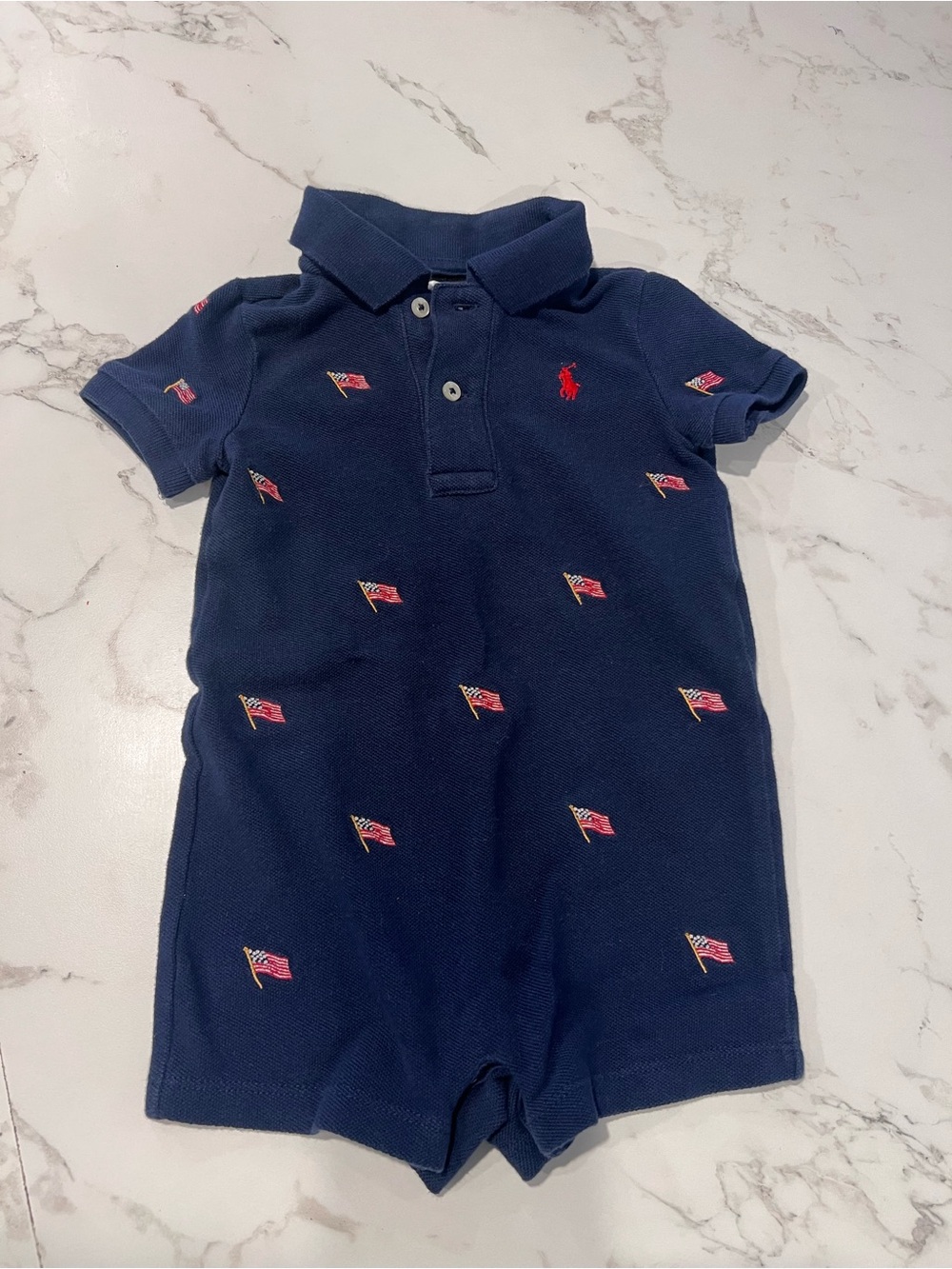 Ralph Lauren Navy Polo Romper with Flag Embroideries